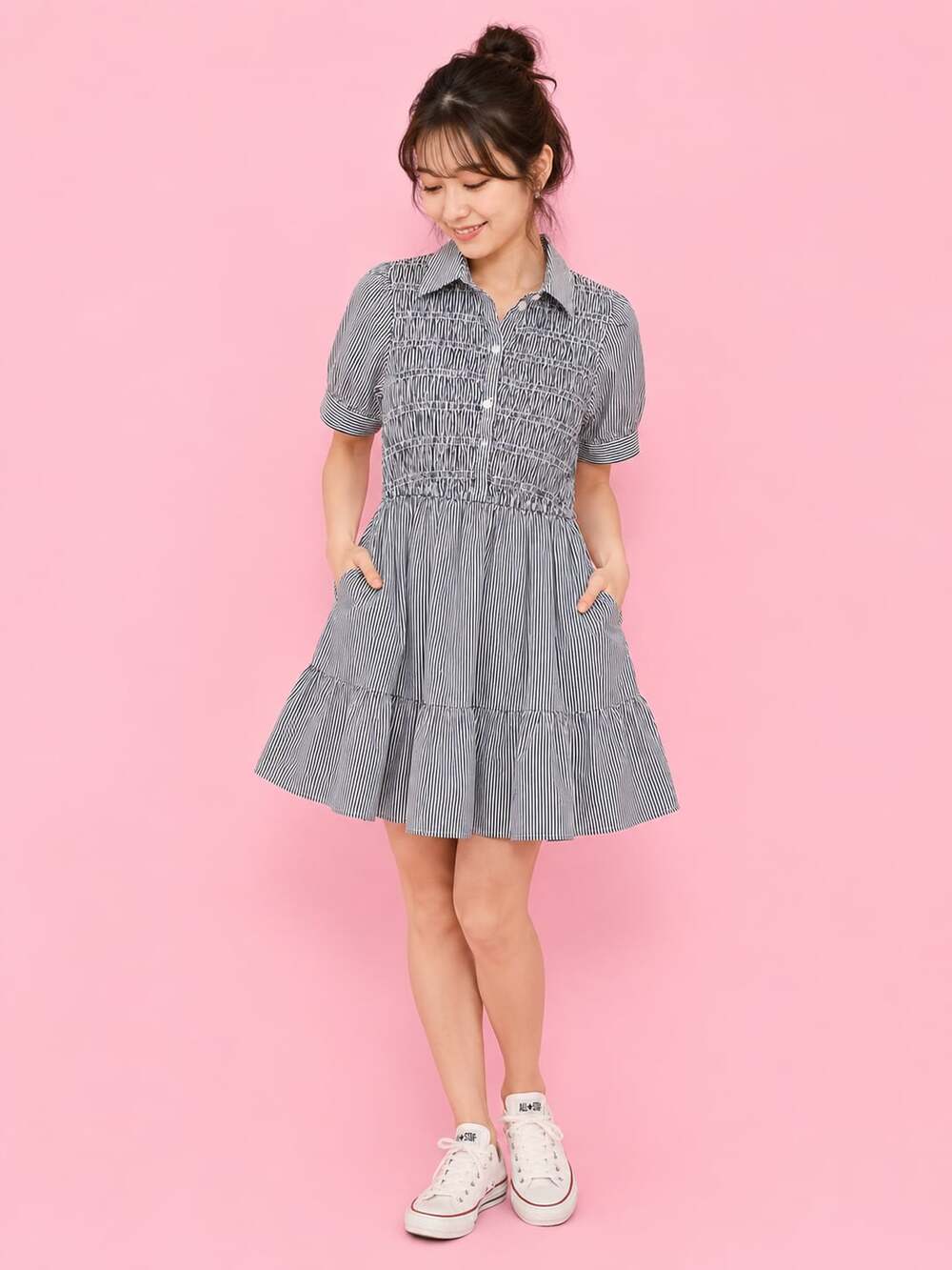 J.Crew Women's Striped Smocked-Bodice Button-Front Mini Shirt Dress